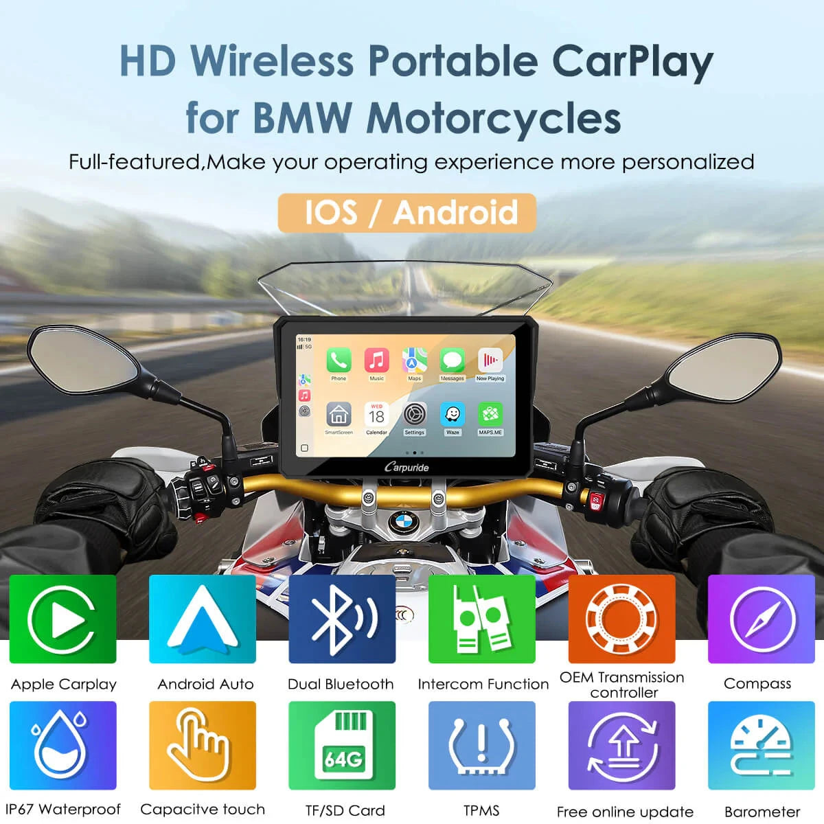 Carpuride W702BS Car Play para motos BMW GS con control de volante Wonder Wheel