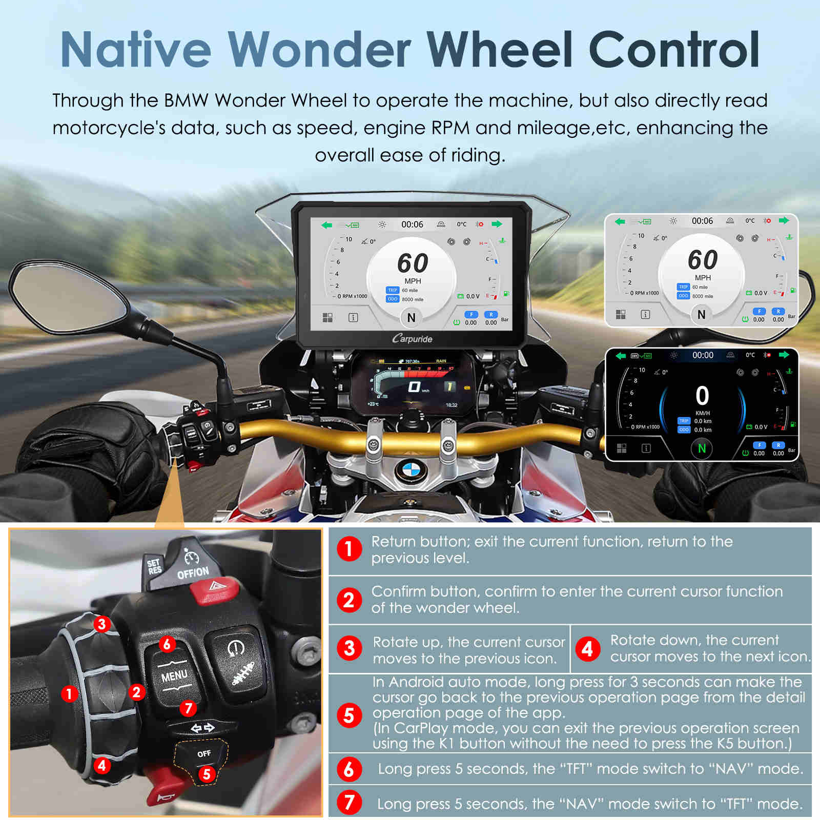 Carpuride W702BS Car Play para motos BMW GS con control de volante Wonder Wheel