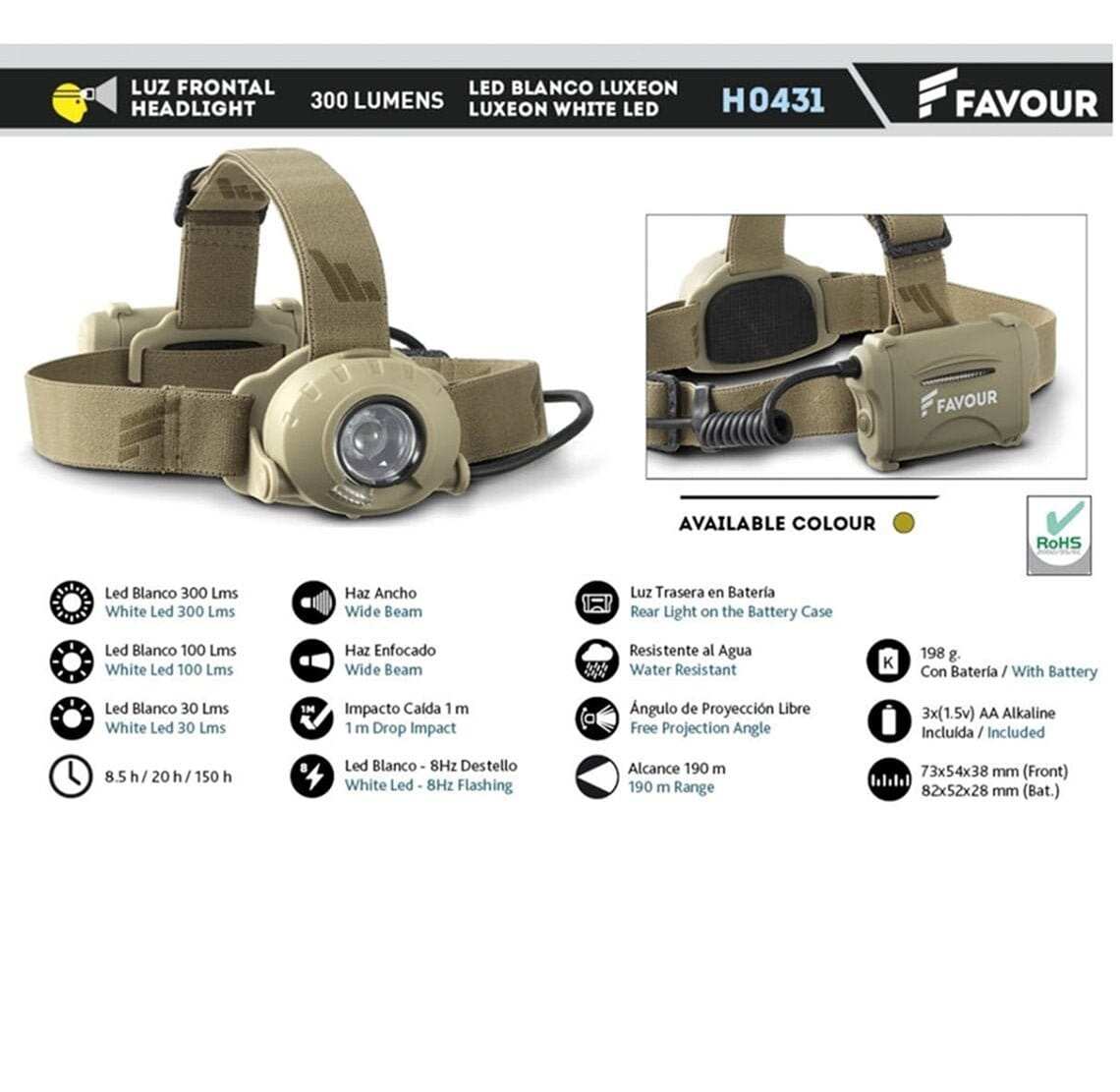 LINTERNA Frontal 300 lumens. Camo. Incluye 3 AA - AVENTURATRAIL